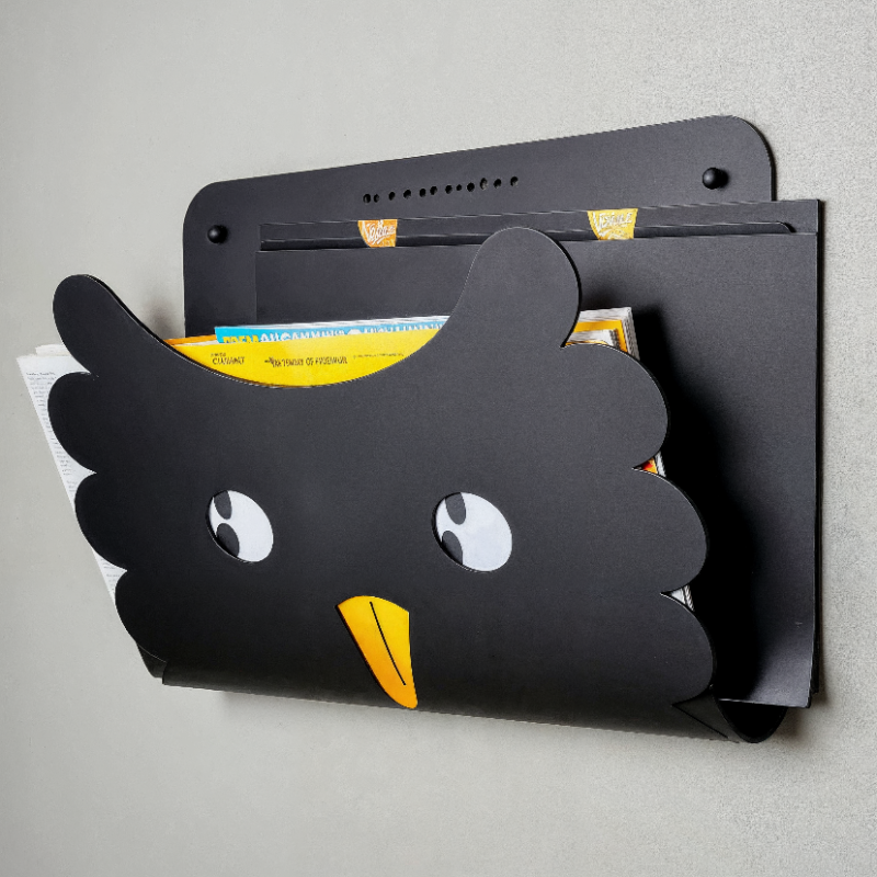 Owl-Shaped Wall-Mounted Magazine & Document Organizer – Matte Black Metal