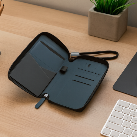 Sleek PU Leather Travel Case with Integrated Charging Cable for Tech Accessories & On-the-Go Power
