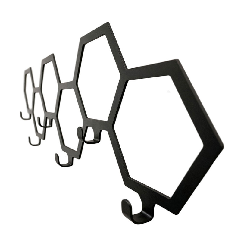 Hexagonal Wall-Mounted Hook Rack – 5 Hooks, Black Metal