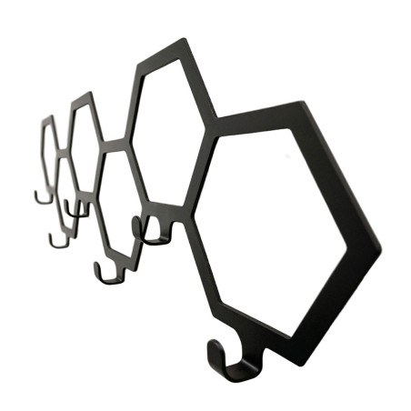 Hexagonal Wall-Mounted Hook Rack – 5 Hooks, Black Metal