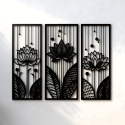 3-Piece Lotus Flower Wall Art – Black Metal Frames