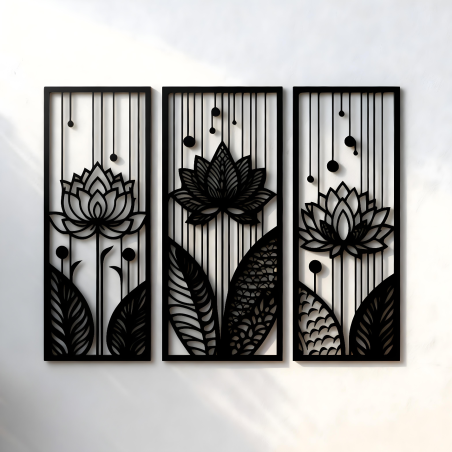3-Piece Lotus Flower Wall Art – Black Metal Frames