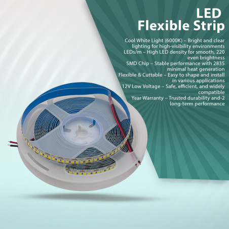 LED Strip 6000K Cool White – 220 LEDs/m – 2835 Chip – 5 Meter Roll – 12V