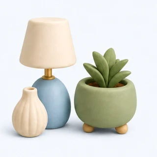 Clay illustration of a lamp, vase and planter