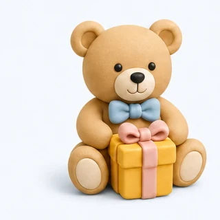 Clay illustration of a teddy bear with a gift